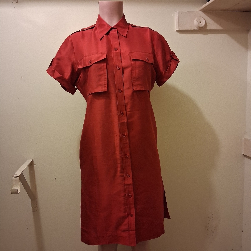 Ralph Lauren Red Button Down Shirt Dress Short Sleeve Side Slits Size 6